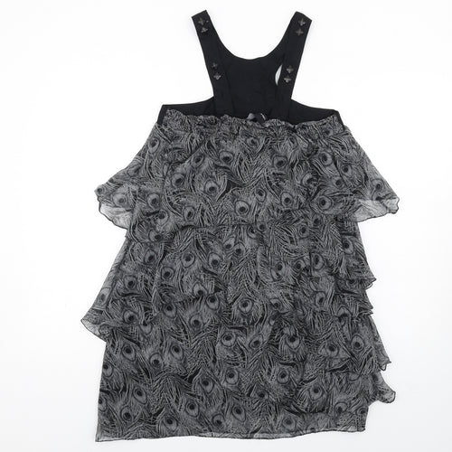 VERO MODA Womens Grey Animal Print Polyester A-Line Size S Scoop Neck Button - Peacock Feather Print