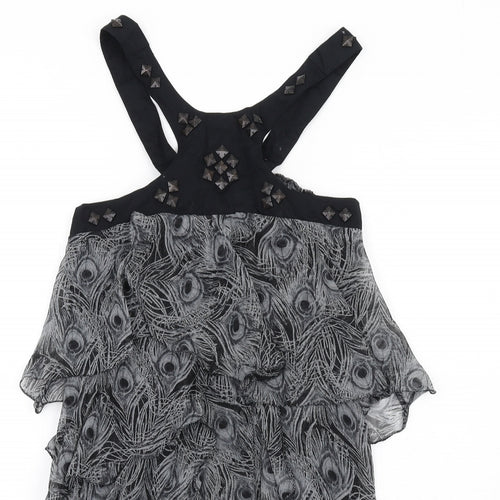 VERO MODA Womens Grey Animal Print Polyester A-Line Size S Scoop Neck Button - Peacock Feather Print
