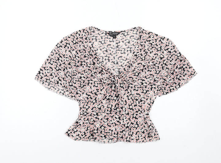 Miss Selfridge Womens Multicoloured Floral Polyester Basic T-Shirt Size 8 V-Neck - Twist Front