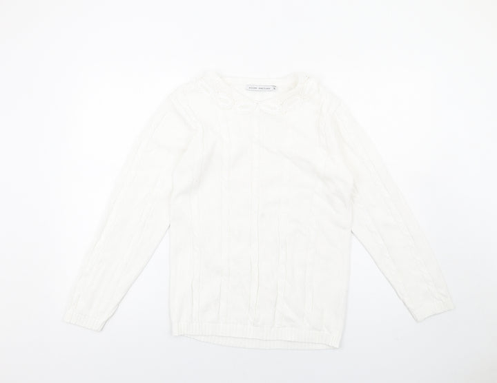 Alice Collins Womens White Crew Neck Cotton Pullover Jumper Size S