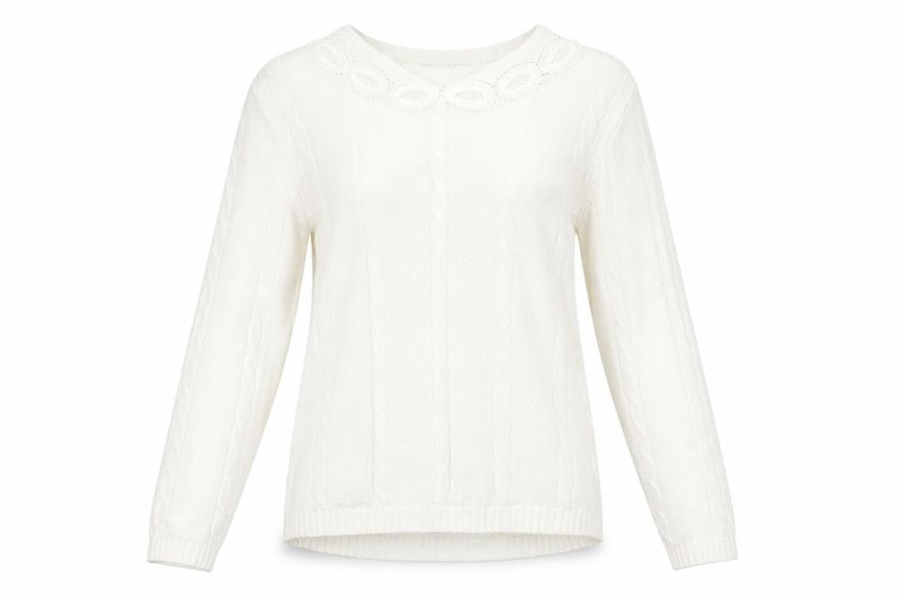 Front view of Alice Collins women’s white crew neck cotton jumper, size S