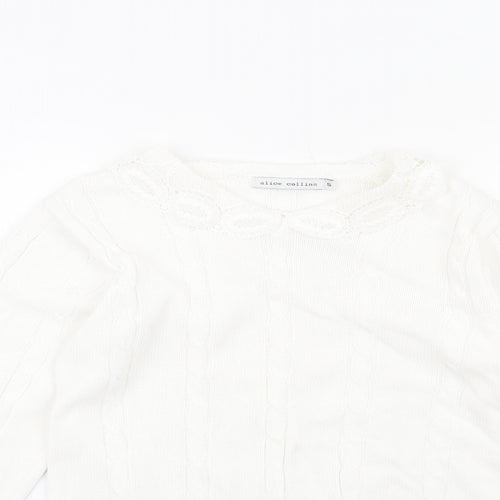 Alice Collins Womens White Crew Neck Cotton Pullover Jumper Size S