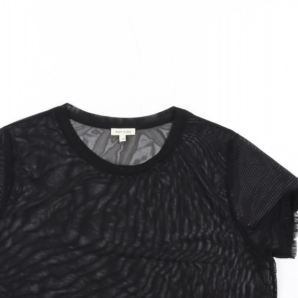 River Island Womens Black Polyester Basic T-Shirt Size 14 Round Neck - Ruffle Hem
