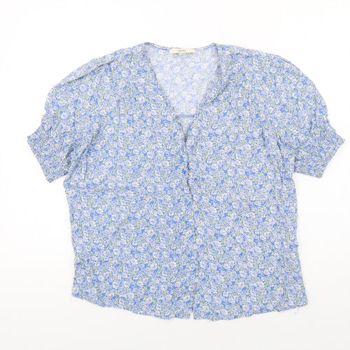 Esprit Womens Blue Floral Viscose Basic Button-Up Size 10 V-Neck