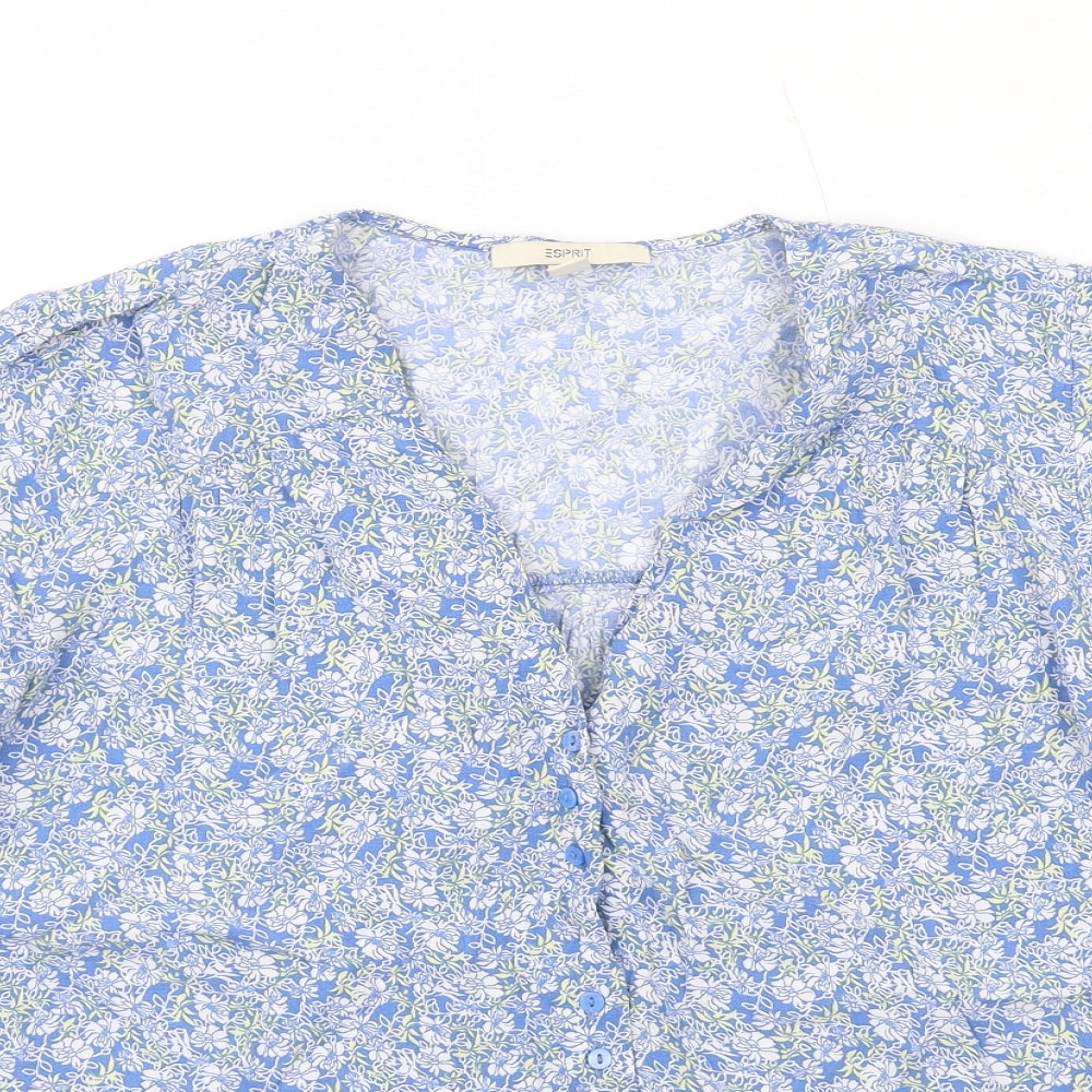 Esprit Womens Blue Floral Viscose Basic Button-Up Size 10 V-Neck