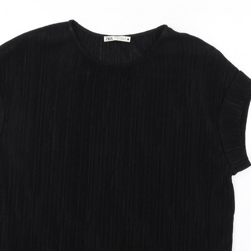 Zara Womens Black Polyester Basic T-Shirt Size M Round Neck - Pleated