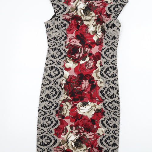 London Times Womens Multicoloured Geometric Polyester Pencil Dress Size 8 Boat Neck Zip