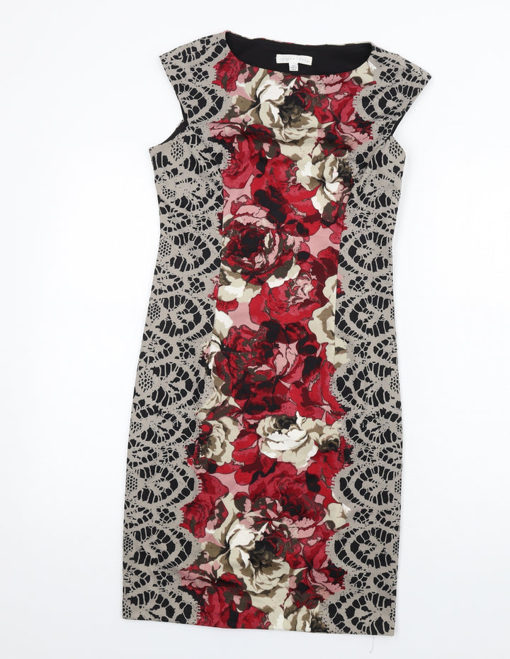 London Times Womens Multicoloured Geometric Polyester Pencil Dress Size 8 Boat Neck Zip