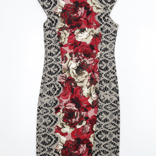 London Times Womens Multicoloured Geometric Polyester Pencil Dress Size 8 Boat Neck Zip