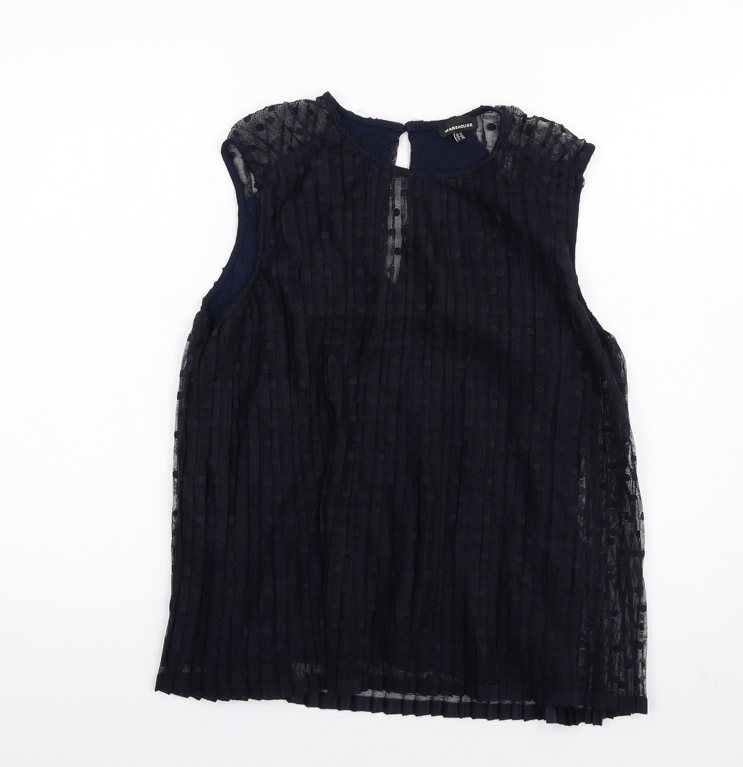 Warehouse Womens Blue Polka Dot Viscose Basic Blouse Size 12 Round Neck - Pleated