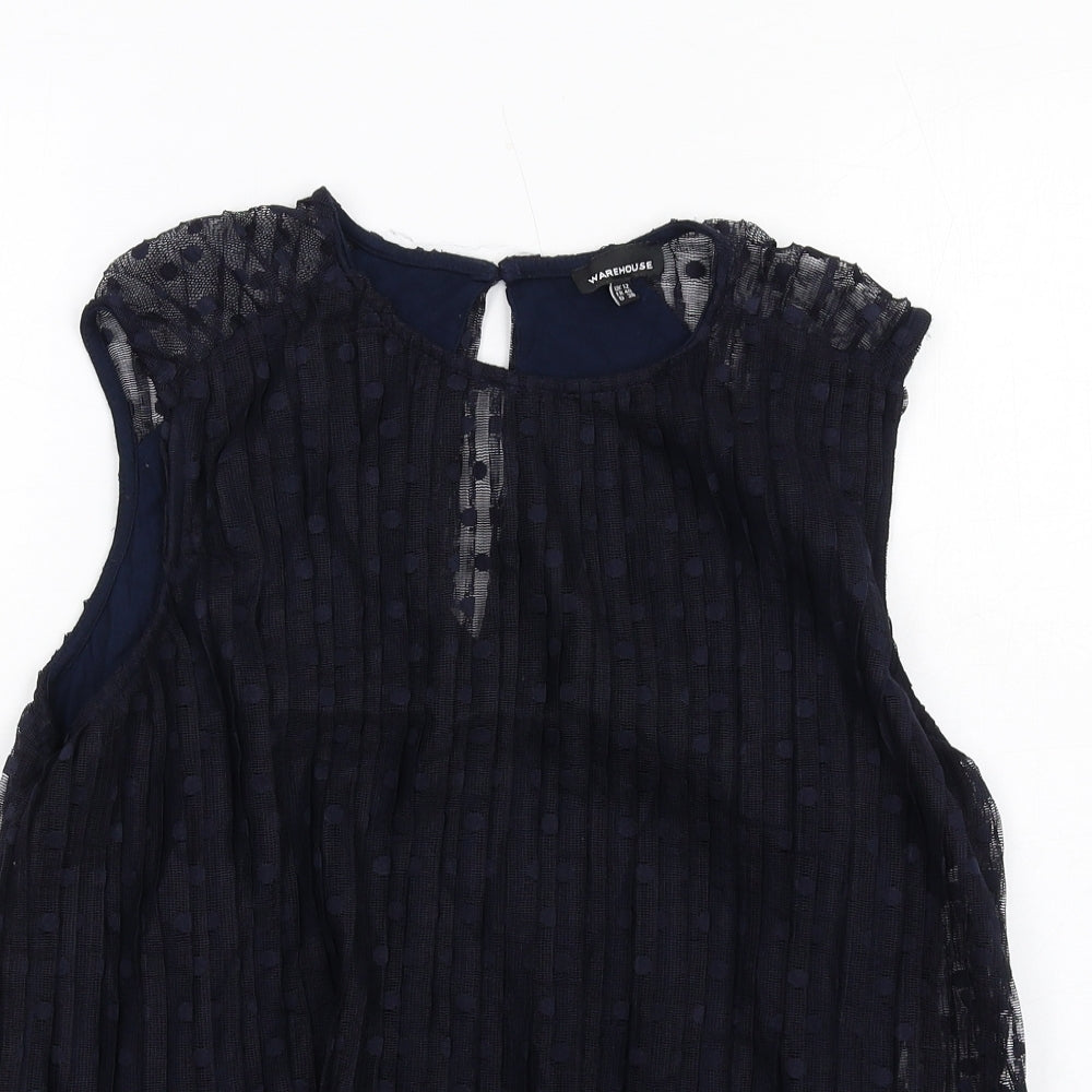 Warehouse Womens Blue Polka Dot Viscose Basic Blouse Size 12 Round Neck - Pleated