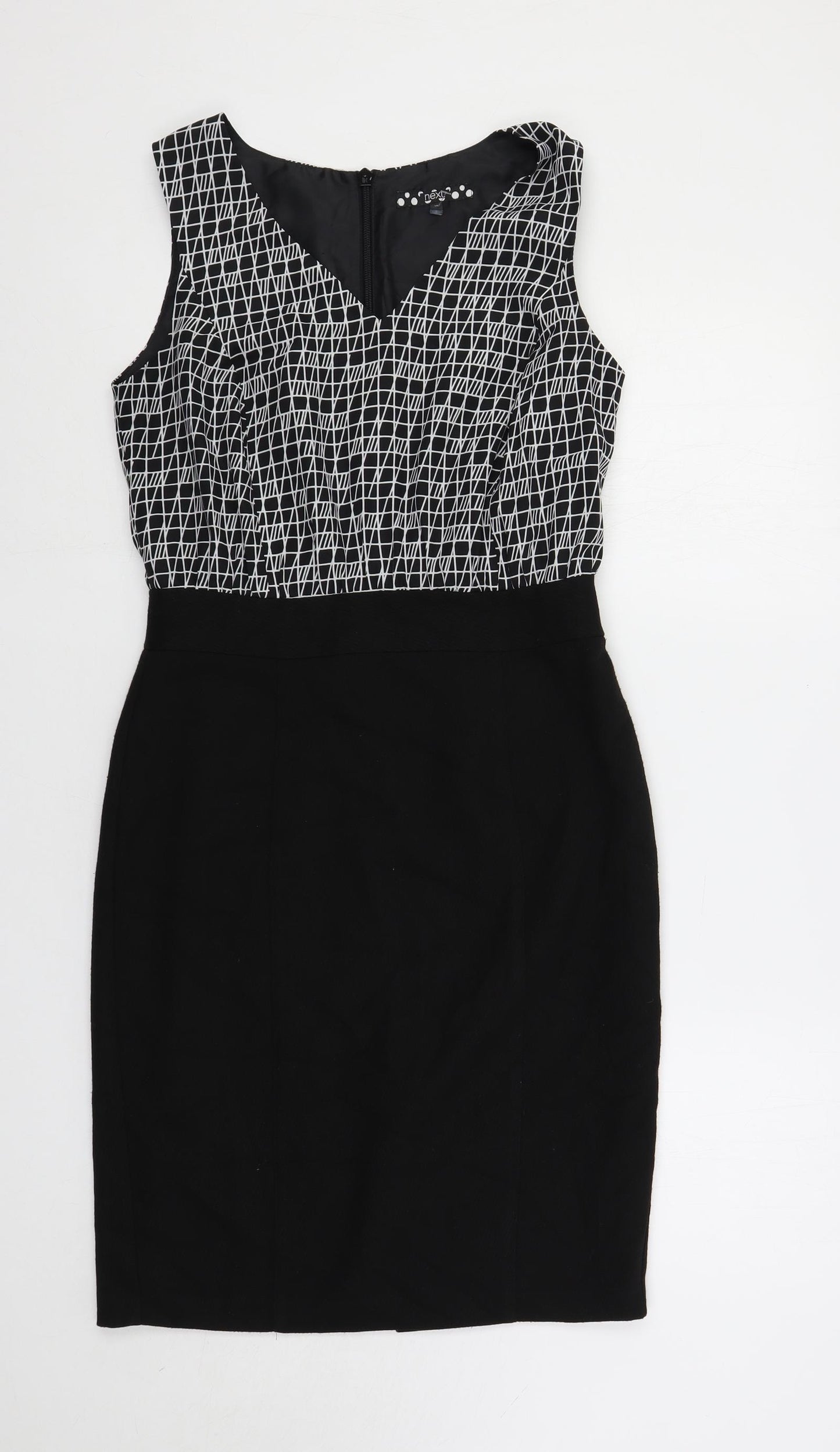 NEXT Womens Black Geometric Polyester Pencil Dress Size 10 V-Neck Zip