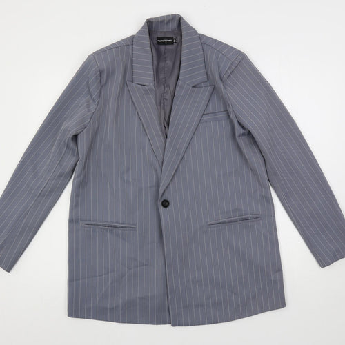 PRETTYLITTLETHING Womens Grey Striped Jacket Blazer Size 6 Button - Longline