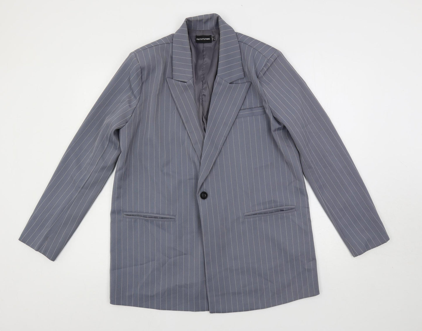 PRETTYLITTLETHING Womens Grey Striped Jacket Blazer Size 6 Button - Longline