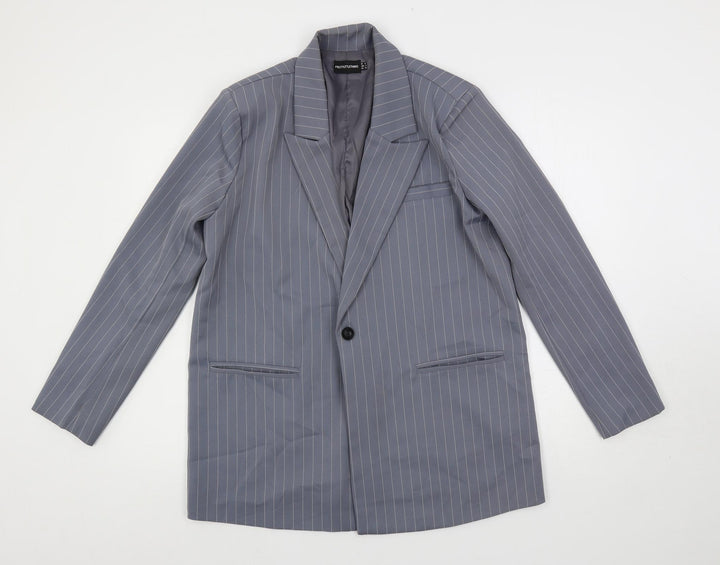 PRETTYLITTLETHING Womens Grey Striped Jacket Blazer Size 6 Button - Longline