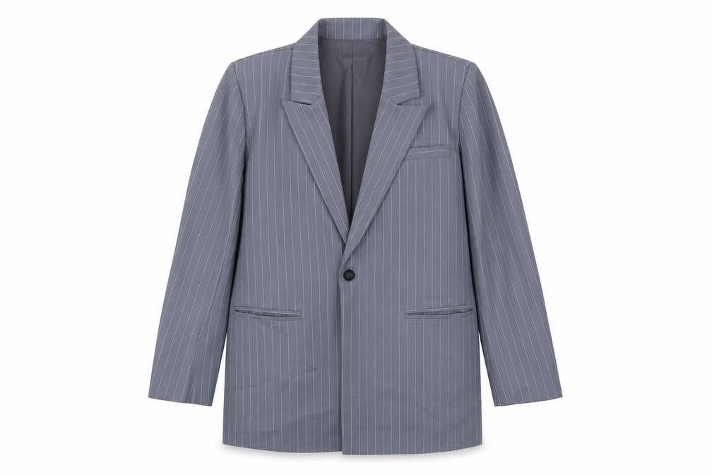 Front view of PRETTYLITTLETHING women’s grey striped jacket blazer, size UK 6, button - longline