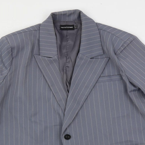 PRETTYLITTLETHING Womens Grey Striped Jacket Blazer Size 6 Button - Longline