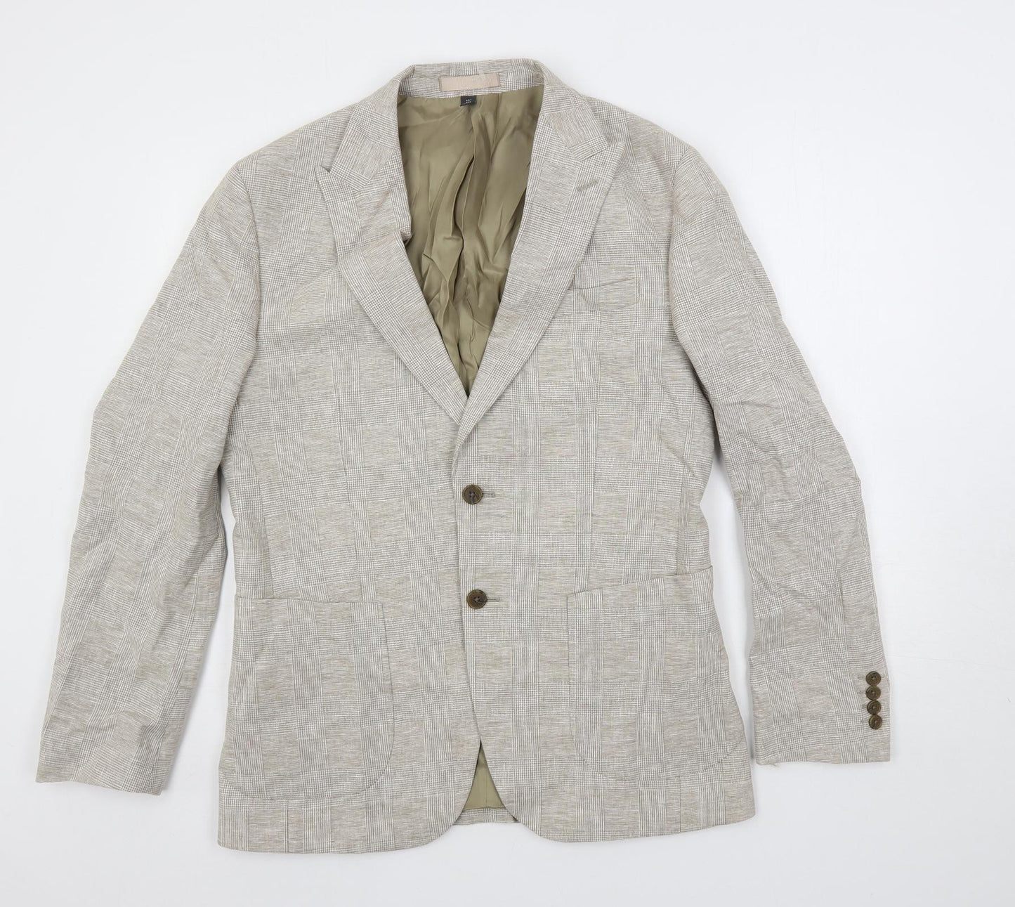 Marks and Spencer Mens Beige Plaid Linen Jacket Blazer Size 40 Regular