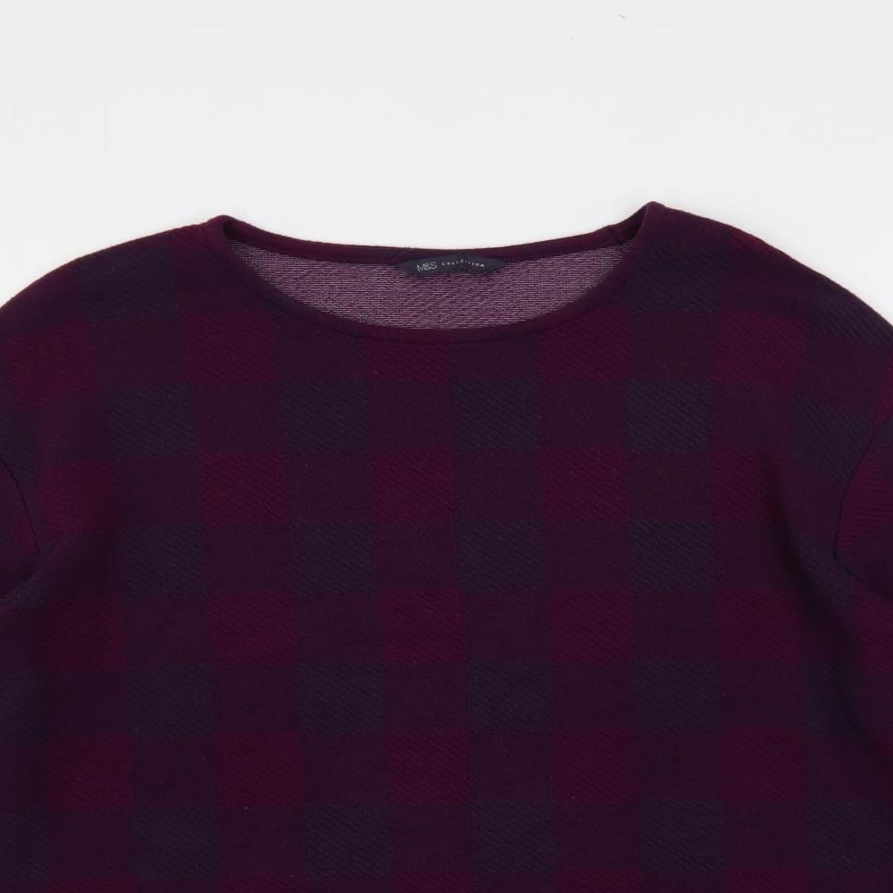 Marks and Spencer Womens Purple Check Polyester Basic Blouse Size 16 Round Neck