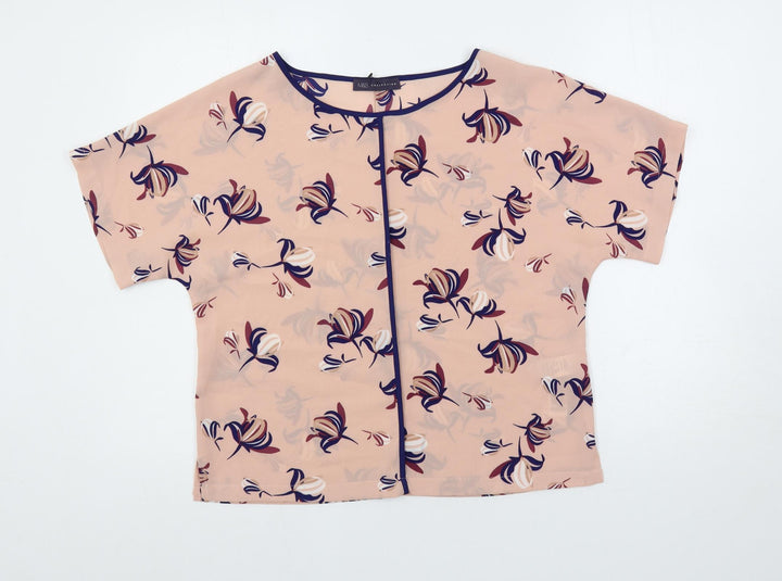 Marks and Spencer Womens Pink Floral Polyester Basic Blouse Size 10 Round Neck