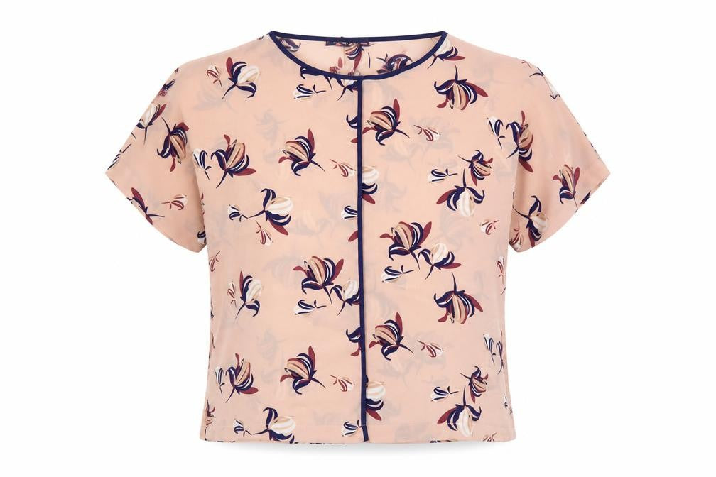 Front view of Marks & Spencer women’s pink floral polyester basic blouse, size UK 10, round neck