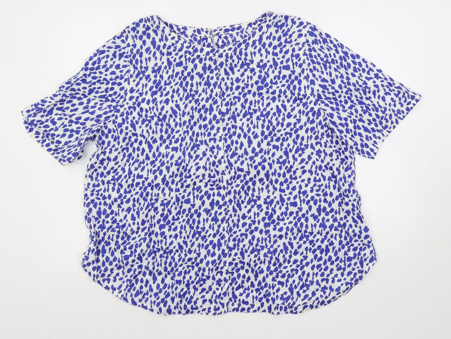Marks and Spencer Womens Blue Animal Print Linen Basic Blouse Size 18 Boat Neck
