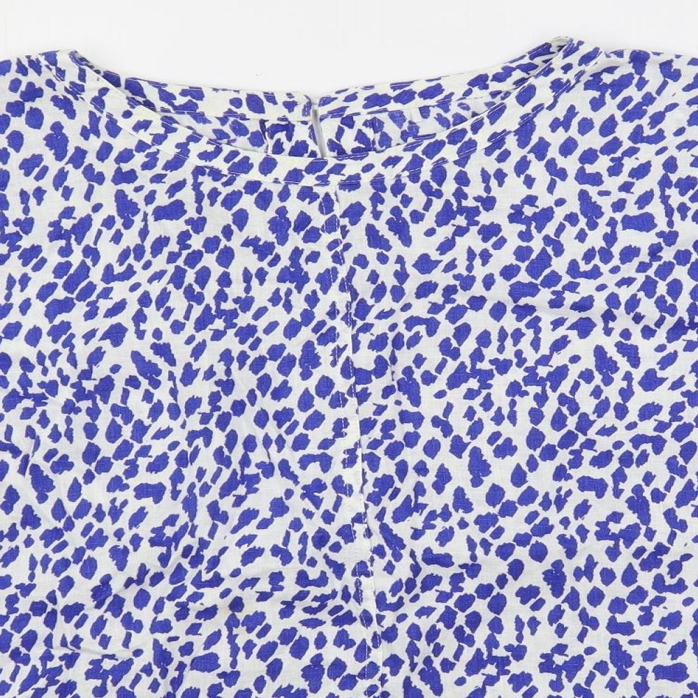 Marks and Spencer Womens Blue Animal Print Linen Basic Blouse Size 18 Boat Neck