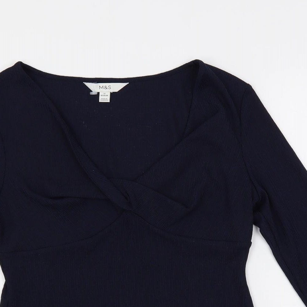 Marks and Spencer Womens Blue Polyester Basic Blouse Size 12 V-Neck - Front Detail