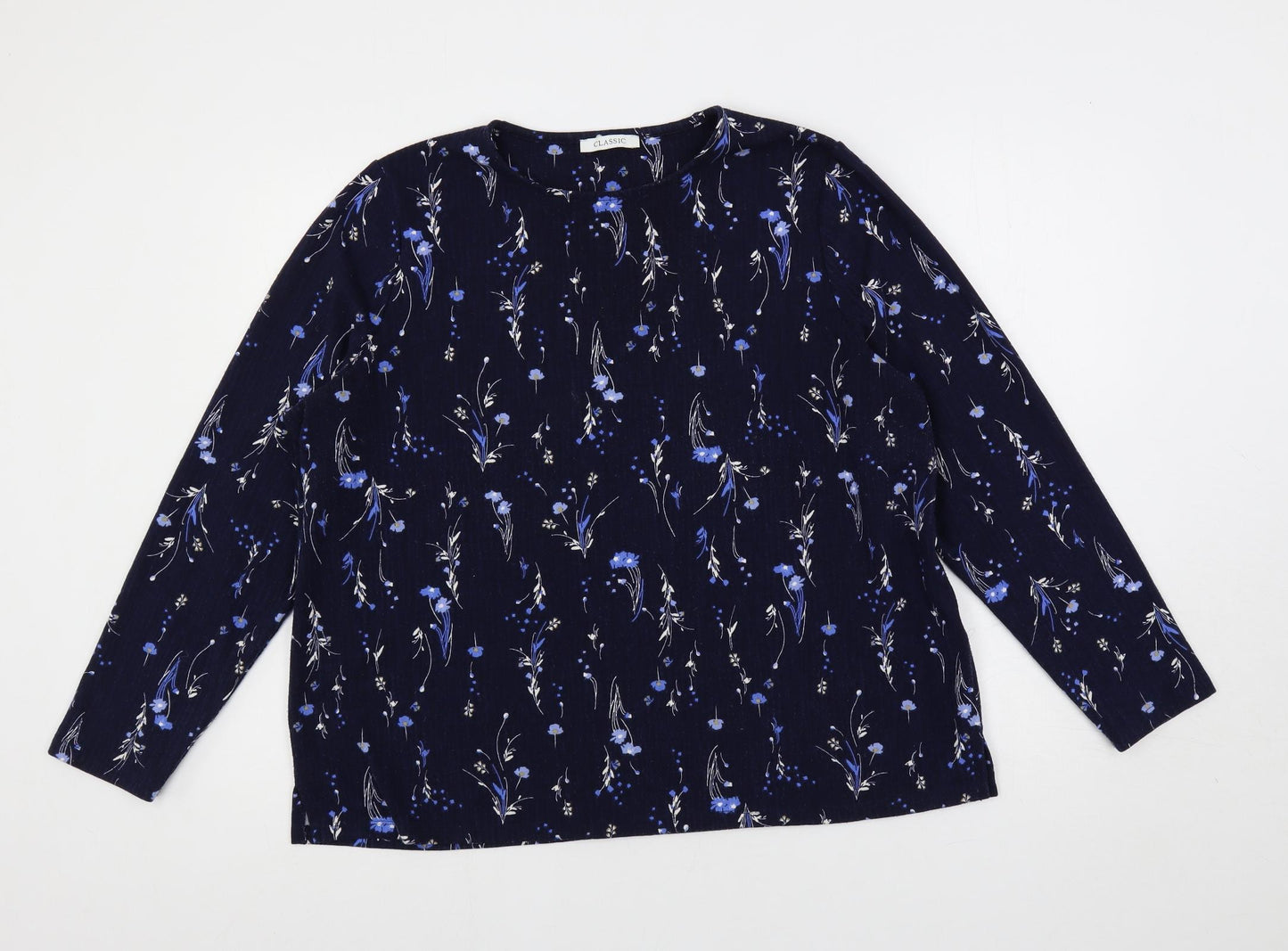 Classic Womens Blue Floral Polyester Basic Blouse Size 18 Round Neck