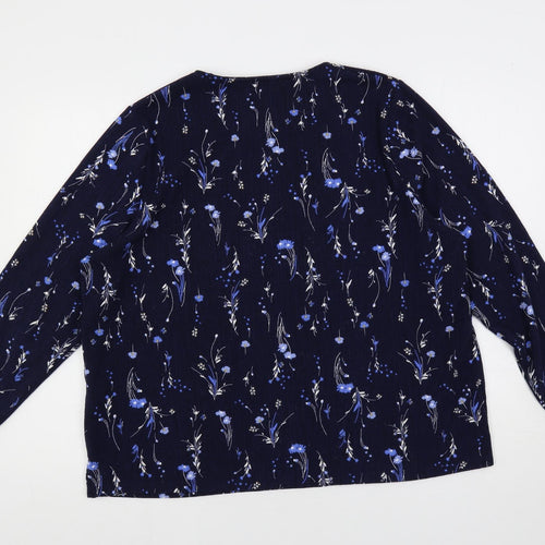 Classic Womens Blue Floral Polyester Basic Blouse Size 18 Round Neck