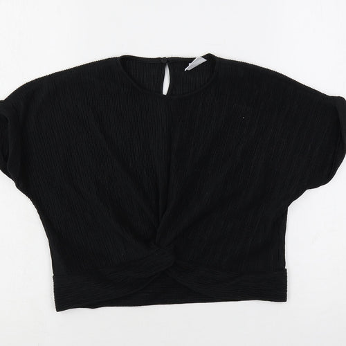 Zara Girls Black Polyester Basic Blouse Size 9 Years Crew Neck Button - Textured