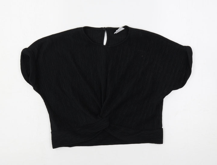 Zara Girls Black Polyester Basic Blouse Size 9 Years Crew Neck Button - Textured