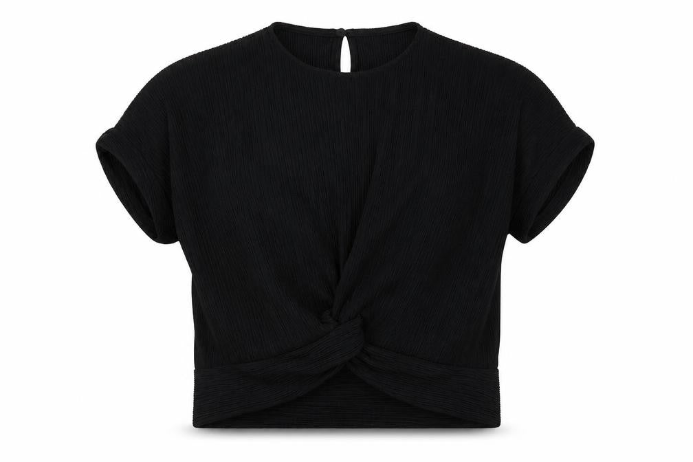 Zara Girls Black Polyester Basic Blouse Size 9 Years Crew Neck Button - Textured