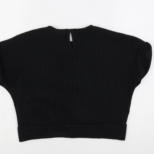 Zara Girls Black Polyester Basic Blouse Size 9 Years Crew Neck Button - Textured