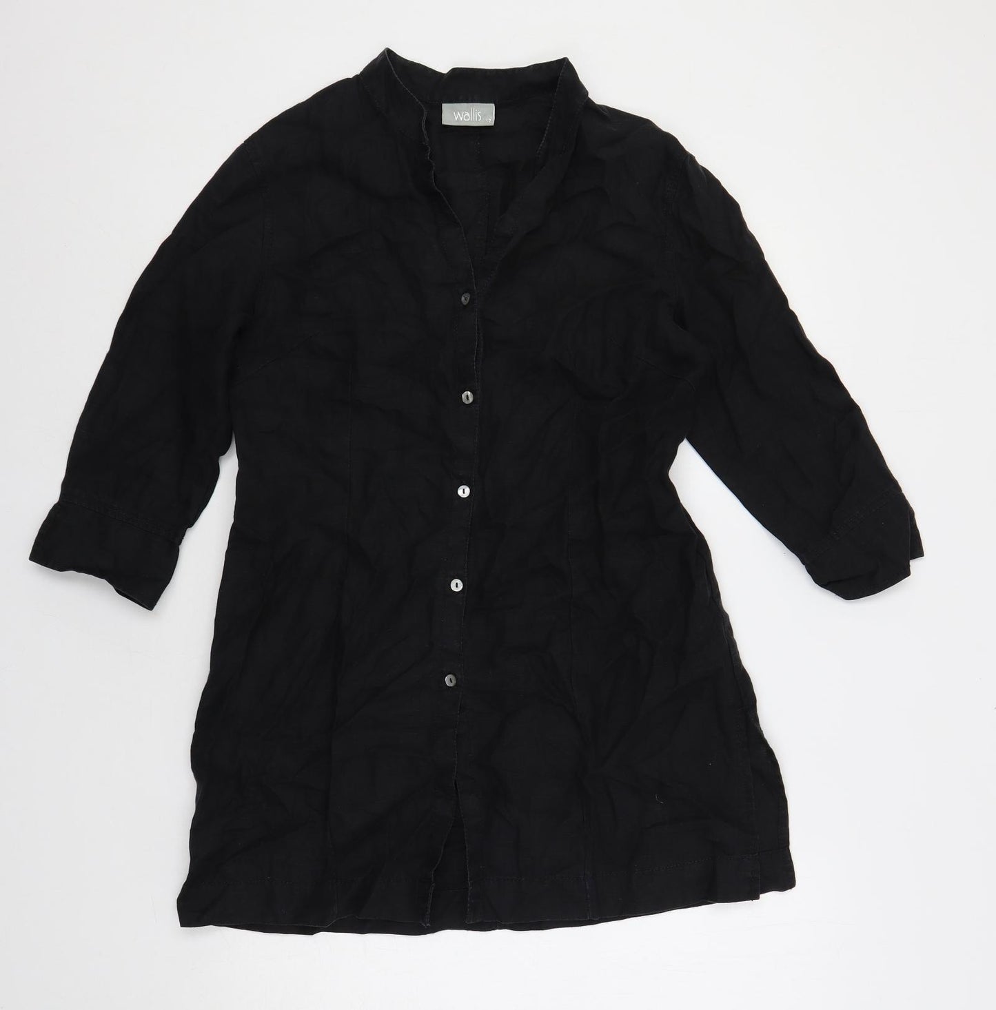Wallis Womens Black Linen Tunic Button-Up Size 12 Collared