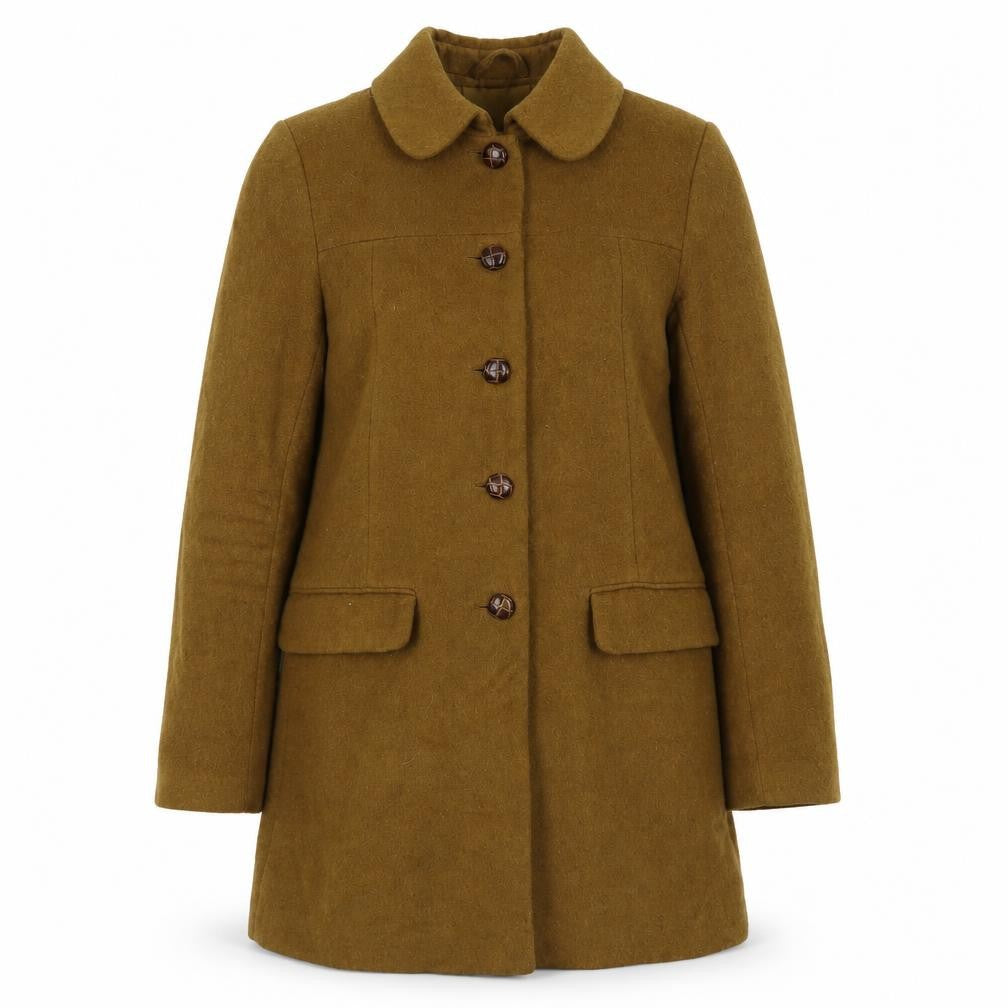 Front view of H&M women’s brown pea coat coat, size UK 4, button