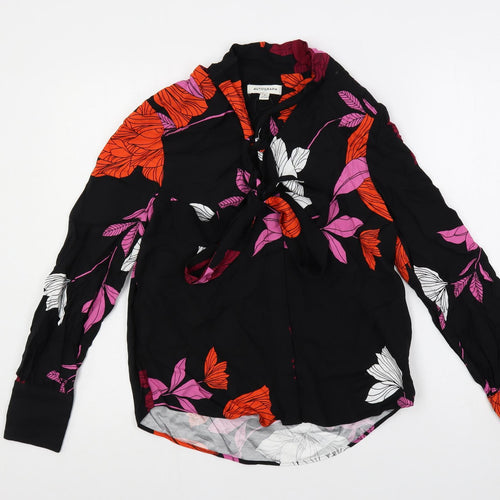 Autograph Womens Black Floral Viscose Basic Button-Up Size 8 V-Neck - Tie Neck