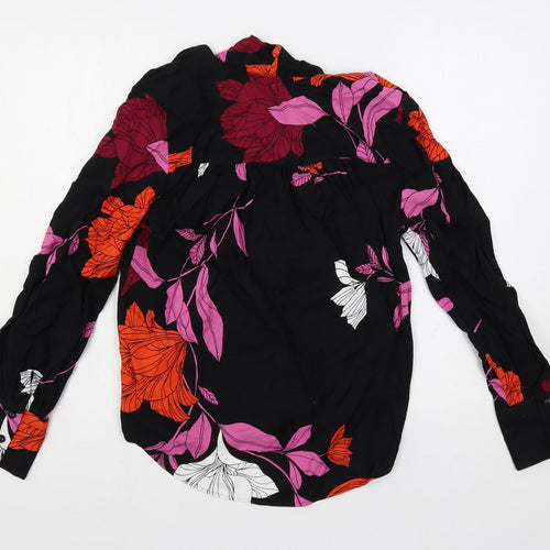 Autograph Womens Black Floral Viscose Basic Button-Up Size 8 V-Neck - Tie Neck