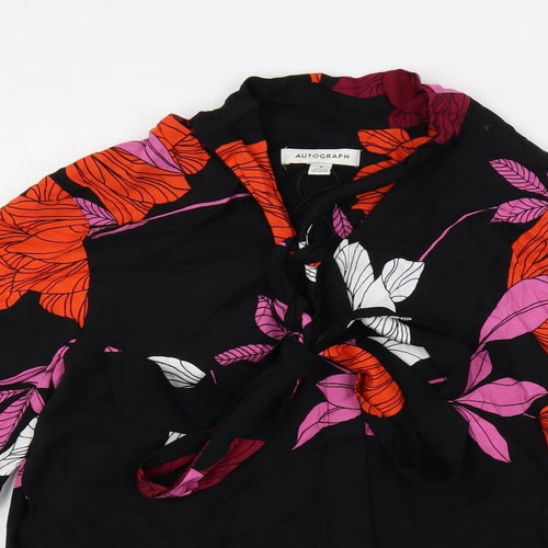 Autograph Womens Black Floral Viscose Basic Button-Up Size 8 V-Neck - Tie Neck