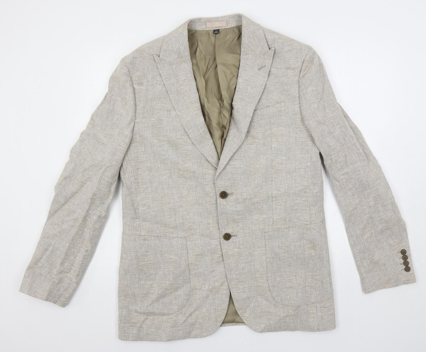 Marks and Spencer Mens Beige Plaid Linen Jacket Blazer Size 42 Regular