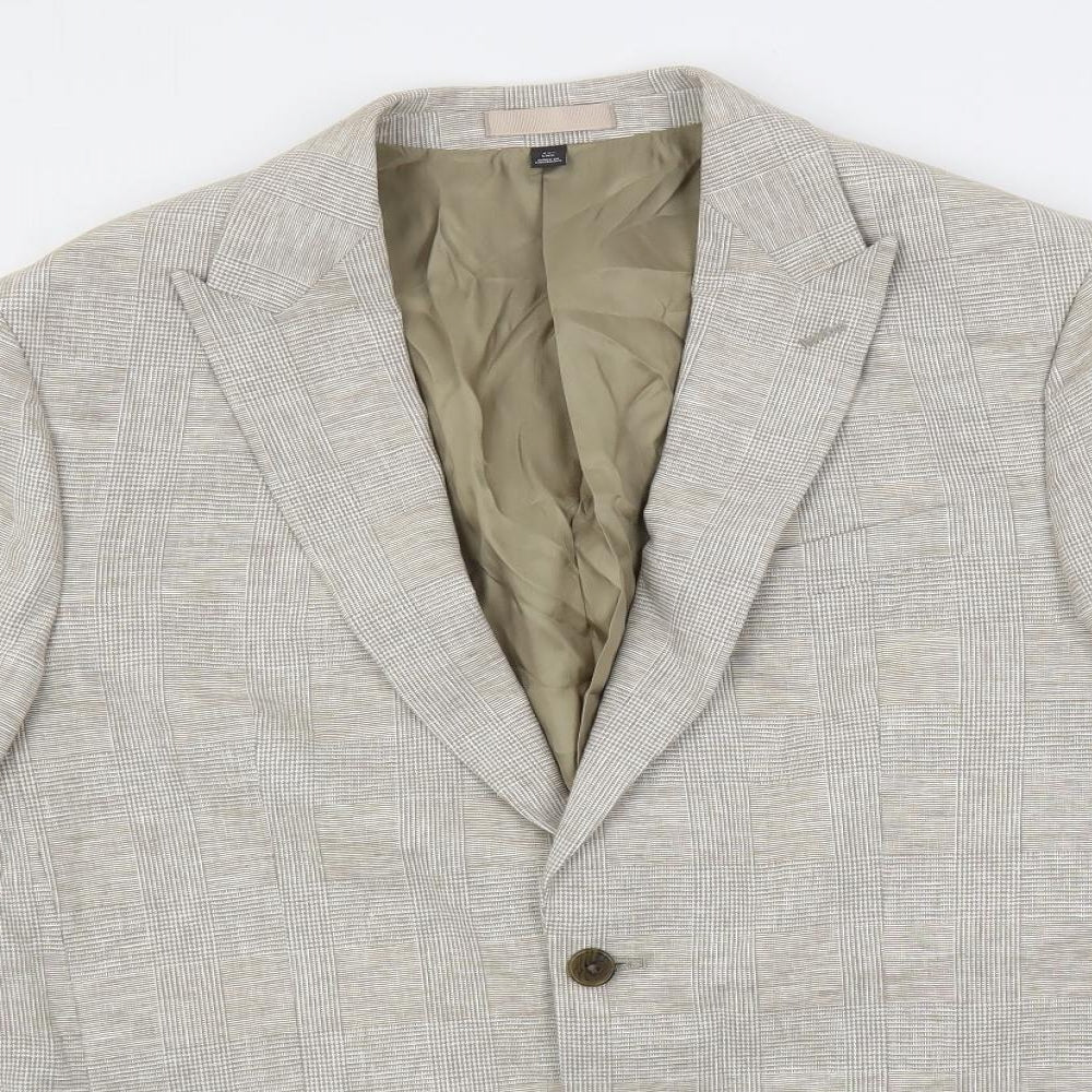 Marks and Spencer Mens Beige Plaid Linen Jacket Blazer Size 42 Regular
