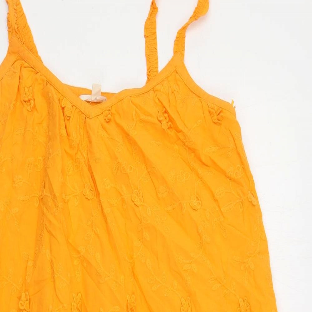 Per Una Womens Orange Cotton Tank Dress Size 12 V-Neck Pullover - Textured Embroidered