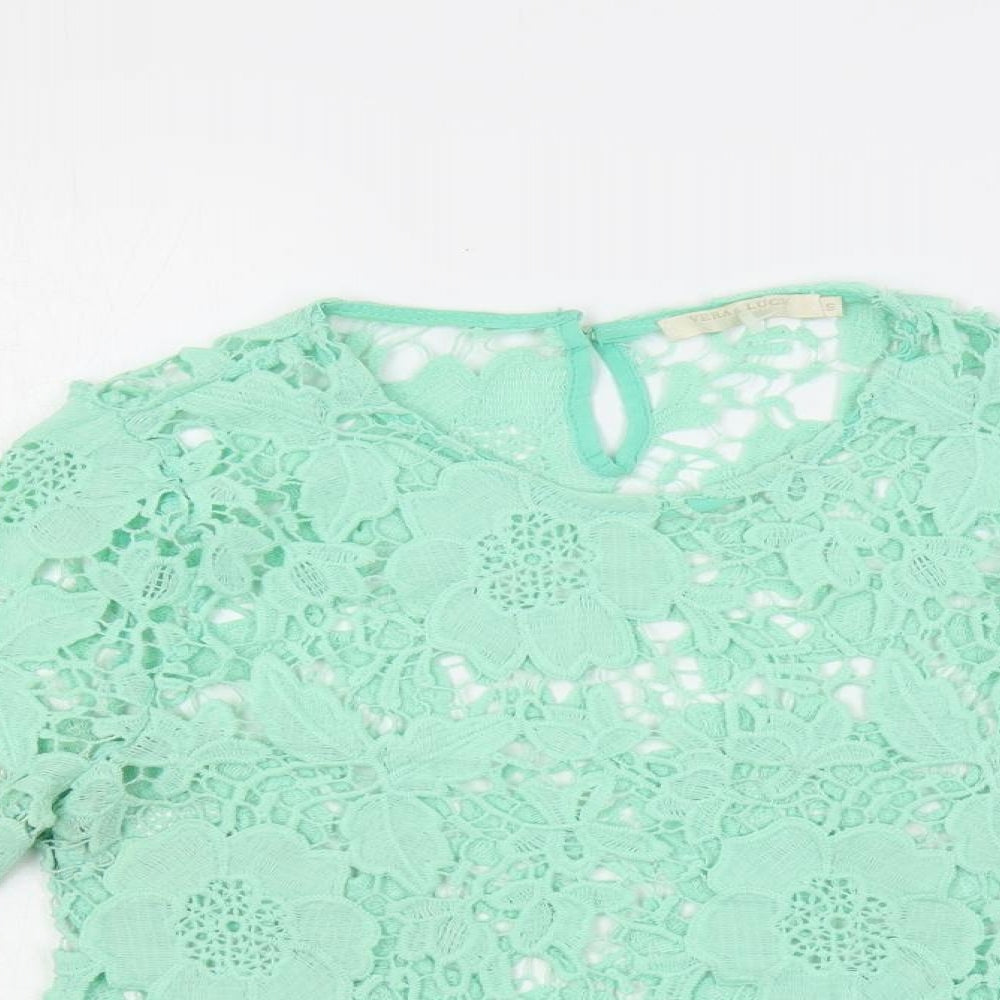 Vera & Lucy Womens Green Polyester Basic Blouse Size S Round Neck - Sheer