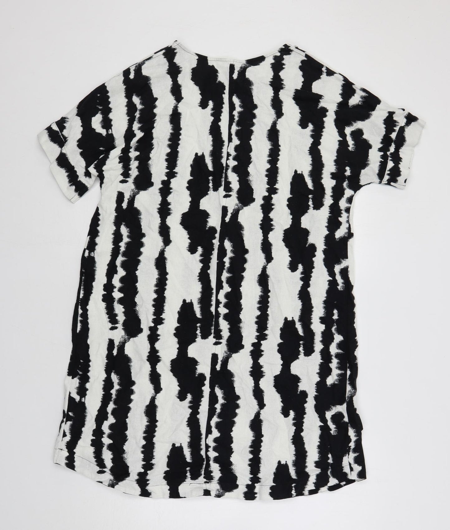 Marks and Spencer Womens Black Geometric Linen Shift Size 12 V-Neck Pullover