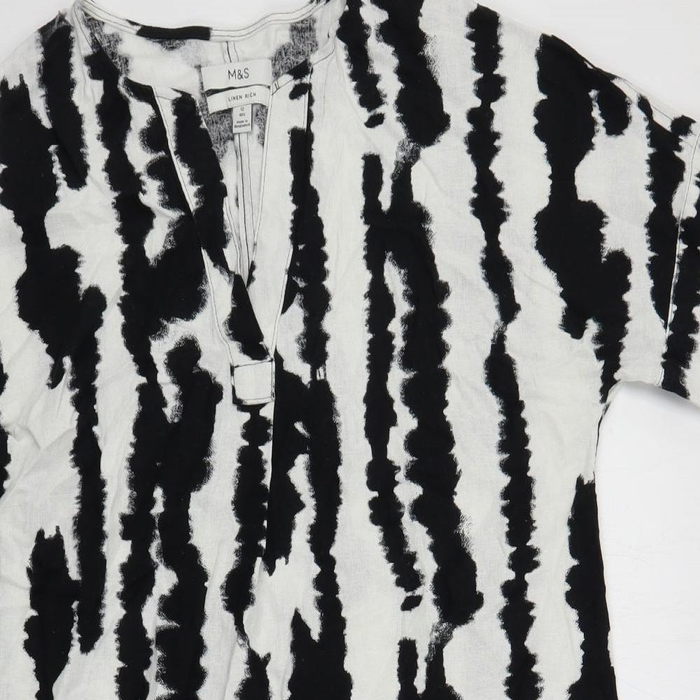 Marks and Spencer Womens Black Geometric Linen Shift Size 12 V-Neck Pullover