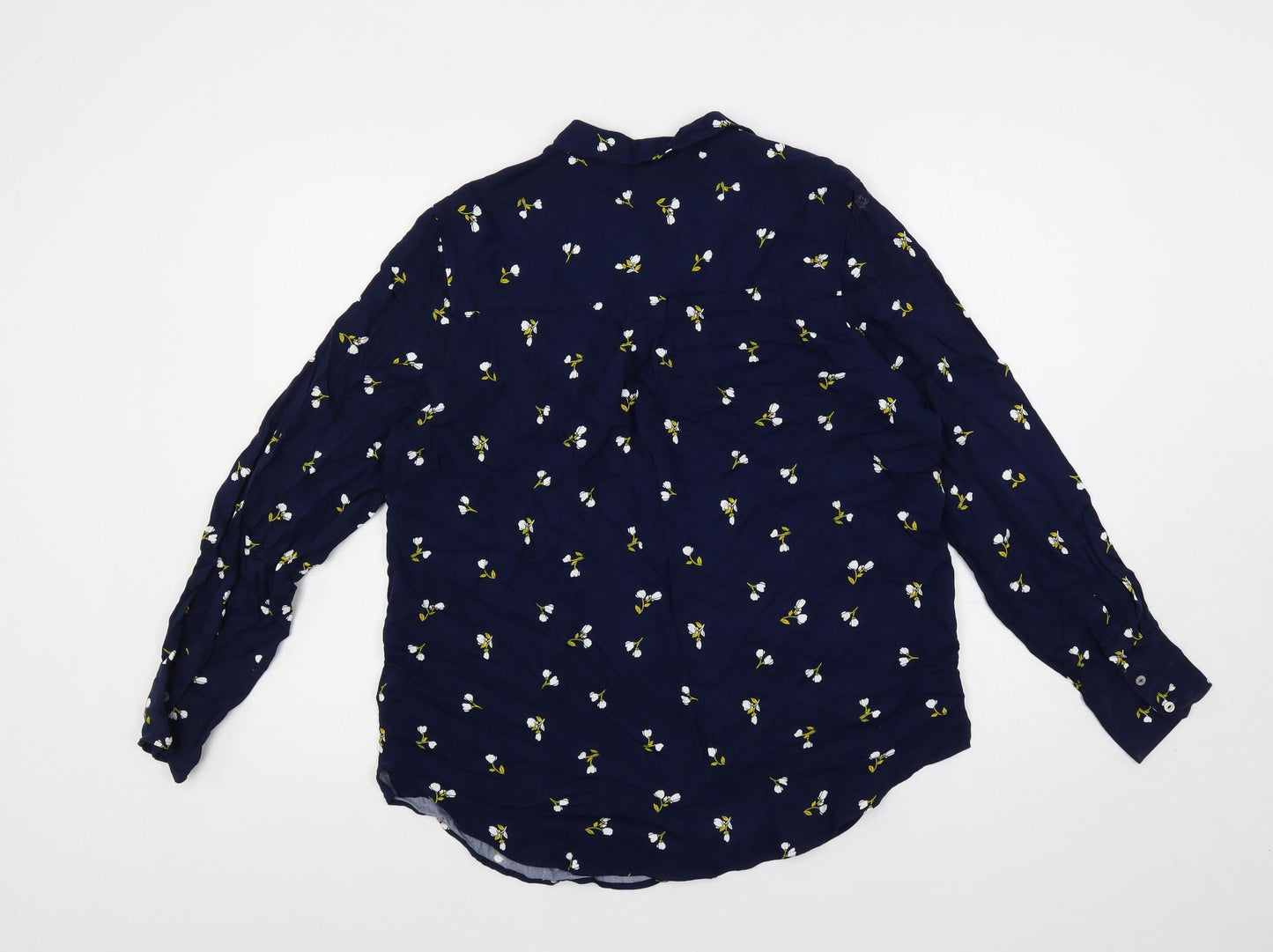 Marks and Spencer Womens Blue Floral Viscose Basic Button-Up Size 14 Collared