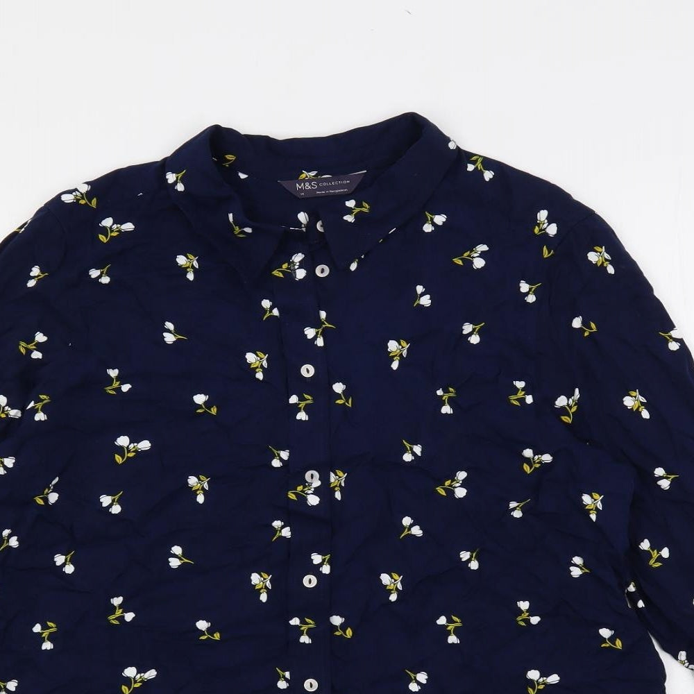 Marks and Spencer Womens Blue Floral Viscose Basic Button-Up Size 14 Collared