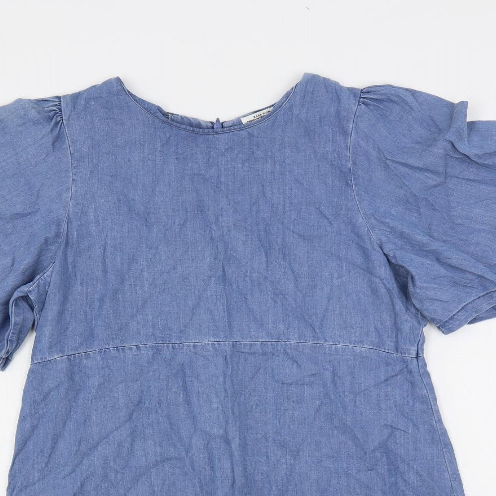 Zara Womens Blue Lyocell Mini Size M Round Neck Zip