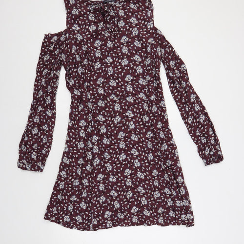 Marks and Spencer Womens Purple Floral Viscose A-Line Size 14 V-Neck Pullover - Cold Shoulder