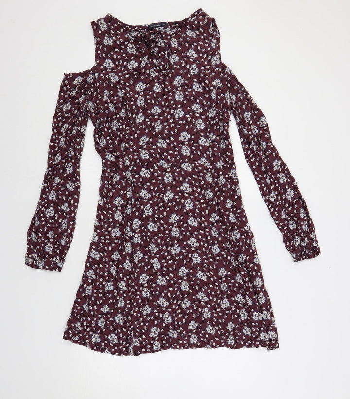 Marks and Spencer Womens Purple Floral Viscose A-Line Size 14 V-Neck Pullover - Cold Shoulder